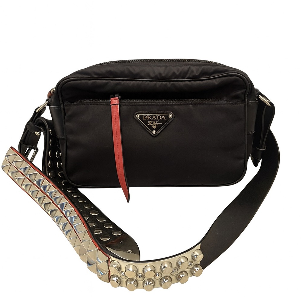 Prada Vela Black Bag with Silver Studded Strap